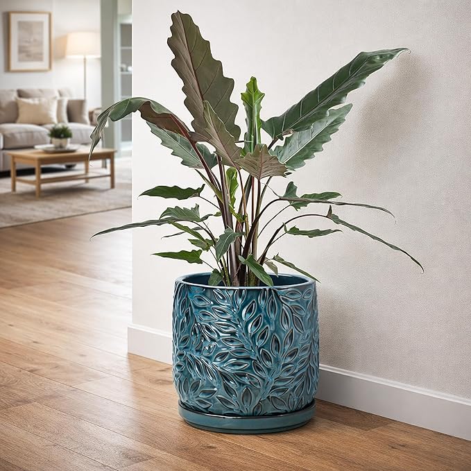 D'vine Dev 8 Inch Embossed Leaves Stoneware Planter Pot with Drainage Hole and Saucer, Ocean Teal, 27-A-Q-8