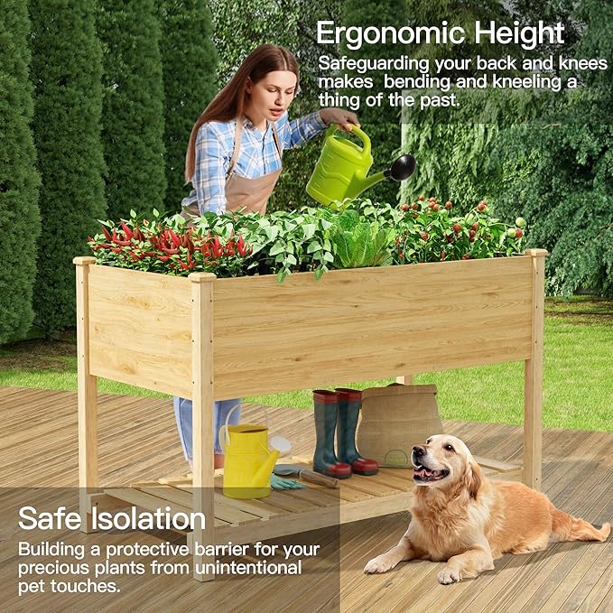 Kullavik 2 pcs Raised Garden Bed with Legs,Outdoor Elevated Cedar Wood Planter Box with Storage Shelf for Vegetables/Flowers/Herbs in Balcony/Backyard/Patio,220lb Capacity-Natural