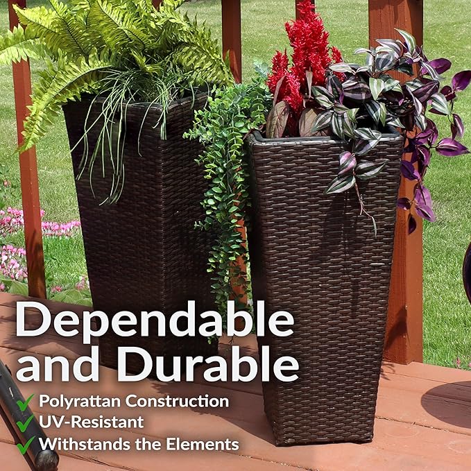 Sunnydaze Set of 2 Square Tall Wicker Planters - Polyrattan Rectangular Large Plastic planters for Outdoor Plants - 24-Inches Tall - Brown