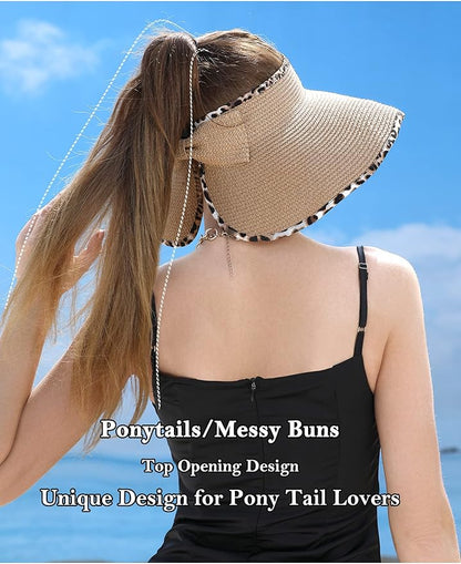 Womens Beach Straw Sun Hats Ponytail Hole Wide Brim Summer Visor Foldable Hat Sun Protection Packable for Travel Pool