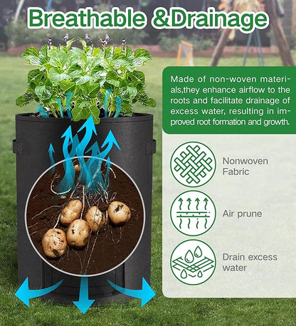 6-Pack 15 Gallon Potato Grow Bags – Durable Nonwoven Fabric Planters with Reinforced Handles | Reusable Garden Containers for Potatoes, Vegetables (Black, 15 Gallons/6 Pack)