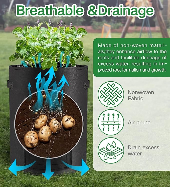 6-Pack 10 Gallon Potato Grow Bags – Durable Nonwoven Fabric Planters with Reinforced Handles | Reusable Garden Containers for Potatoes, Vegetables (Black, 10 Gallons/6 Pack)