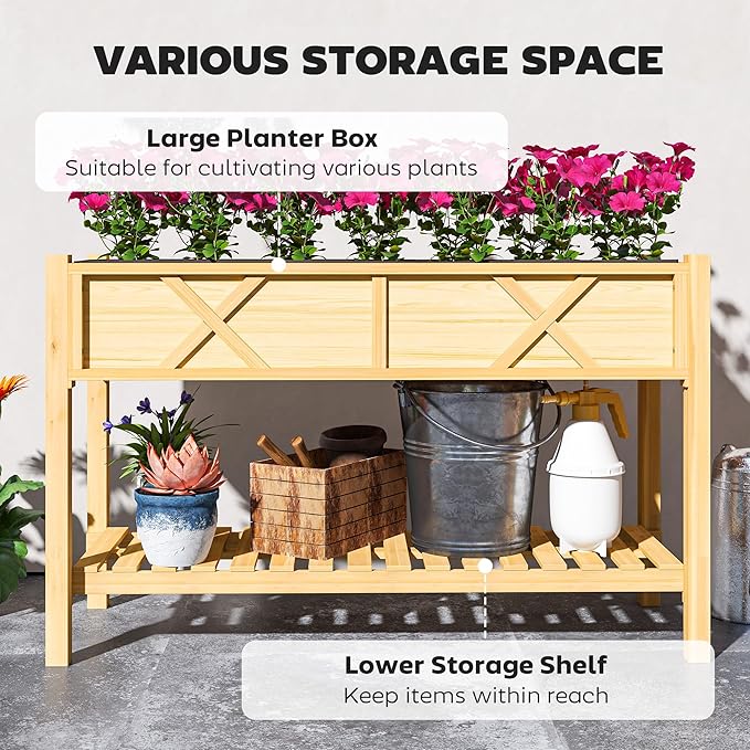 Outsunny Raised Garden Bed, Elevated Wood Planter Box with Storage Shelf, Drainage Holes, and Liner for Backyard, Patio, Balcony, 47 x 22 x 31.5 in, Natural