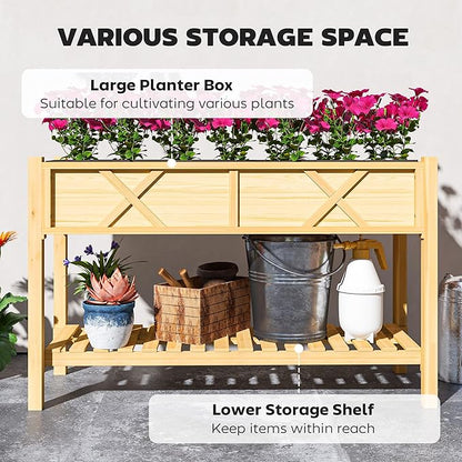Outsunny Raised Garden Bed, Elevated Wood Planter Box with Storage Shelf, Drainage Holes, and Liner for Backyard, Patio, Balcony, 47 x 22 x 31.5 in, Natural