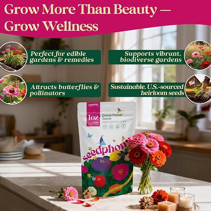 Zinnia Seeds Pack 1 oz - 3,800 Non-GMO Heirloom Zinnia Seeds for Planting, Perennial Flowers in Waterproof Seed Packet, Wildflower Seeds for Planting Garden Indoor & Outdoor Gardening