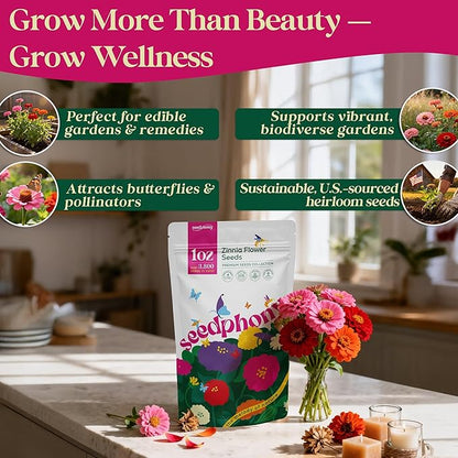 Zinnia Seeds Pack 1 oz - 3,800 Non-GMO Heirloom Zinnia Seeds for Planting, Perennial Flowers in Waterproof Seed Packet, Wildflower Seeds for Planting Garden Indoor & Outdoor Gardening