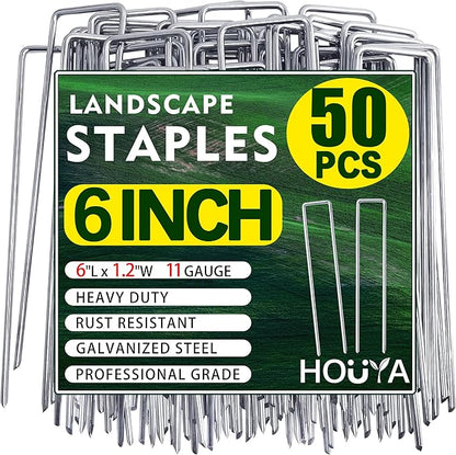 50 PCS Landscape Staples 6 Inch Galvanized Garden Stakes Garden Staples Pins Anti-Rust Ground Stakes for Weed Barrier, Irrigation Hose, Yard Lawn SOD, Landscape Fabric, Decor 6" L x1.2 W 50 pcs