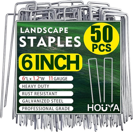 50 PCS Landscape Staples 6 Inch Galvanized Garden Stakes Garden Staples Pins Anti-Rust Ground Stakes for Weed Barrier, Irrigation Hose, Yard Lawn SOD, Landscape Fabric, Decor 6" L x1.2 W 50 pcs