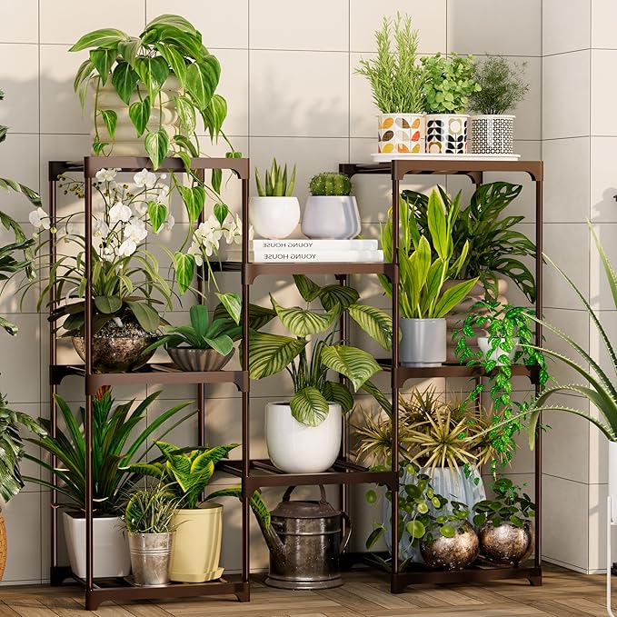 Plant Stand Indoor Outdoor Plant Shelf Stand, 3 Tiers 8 Pots Large Potted Metal Flower Plant Rack for Multiple Plants, Hanging Tall Planter Holder for Patio Balcony Living Room Corner Porch Garden Boho Decor Brown