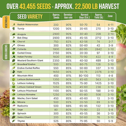 50 Winter Vegetable Garden Seeds Variety Pack - 43,450+ Non-GMO Heirloom Seeds for Outdoors & Indoor Home Gardening, Including Kohlrabi, Lettuce, Radish, Onion, Choy, Spinach, Cauliflower, Collards