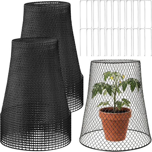 Therwen 20 Pcs Large Chicken Wire Cloche Plant Protector Cover 11x12 Inch Metal Garden Cloche Dome for Plants Wire Protection Basket with Garden Stakes Plant Cages from Animals (Black)