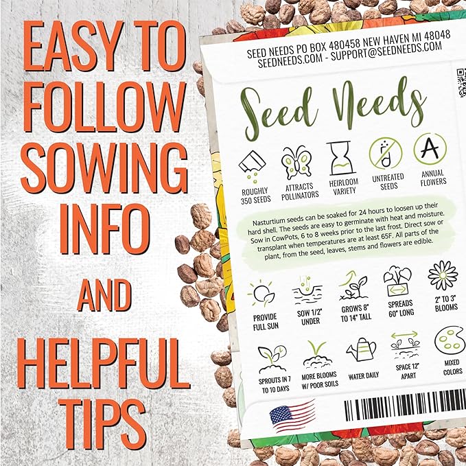 Seed Needs Flower Seeds Nasturtium Double Gleam Seed Edible Multicolor Blooms | 350+ Heirloom Seeds Tropaeolum Majus Untreated Bulk Flower Seed | 1.5 Ounce Resealable Pouch