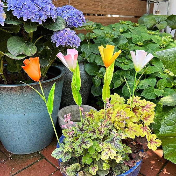 4Pcs Metal Flower Garden Stakes, 16.25" H Rustic Tulips Yard Stake Decorative Spring Outdoor Garden Decor Planter Flower Pot Metal Flower Stick for Patio,Lawn,Yard,Pathway (Tulips)
