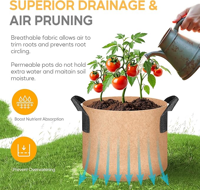 YSSOA 10-Pack Fabric Grow Bags 1 Gallon with Pruner, 300G Thickened Nonwoven Plant Growing Pots with Handles, Planting Bags for Vegetables, Tan