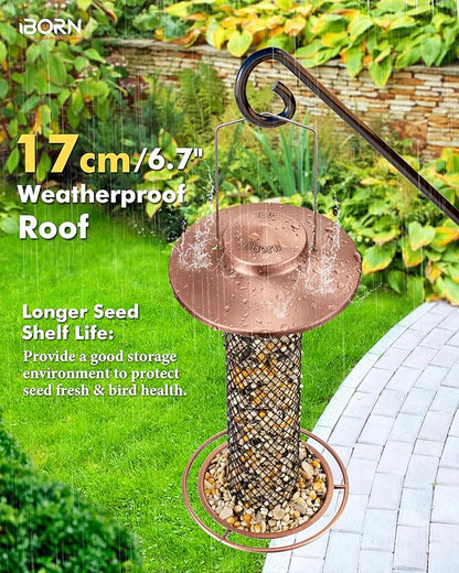 iBorn Peanut Bird Feeder,Sunflower Seed Feeder,13.5 Inch Metal Mesh Tube Bird Feeders for Outdoors Hanging,Squirrel-Proof Birdfeeders for Peanut with 17cm Weatherproof Roof & Tray,2 LB Capacity,Copper