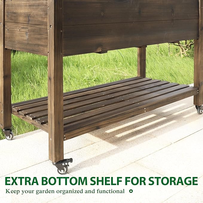 48x24x33in Raised Garden Bed Featuring Legs, Outdoor Elevated Wood Planted Box Equipped with Wheels & Shelf for Vegetable Flower, Backyard and Patio, Rustic