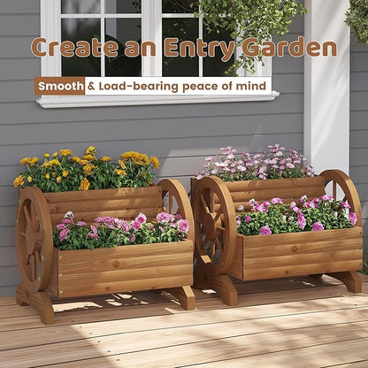 FILWH Wooden Wagon Planter Box for Indoor Outdoor Garden Planter Wood Planter Boxes Flower Planters Outdoor with Wheels Planter for Flowers Herbs Vegetables(Brown)