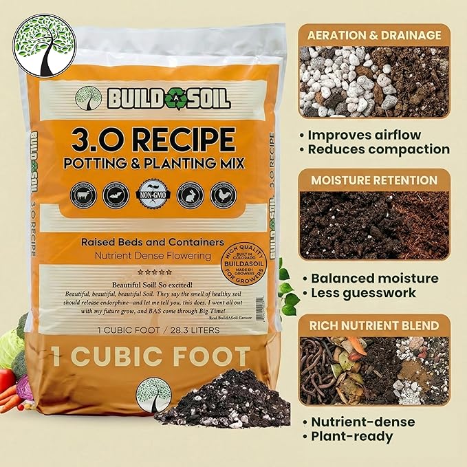 BuildASoil Potting Soil Recipe 3.0 - Organic Living Potting Soil Mix for Indoor and Outdoor Plants, Water-Only Formula, Well-Draining Indoor Garden Dirt for Full Growth Cycle - 35 lbs