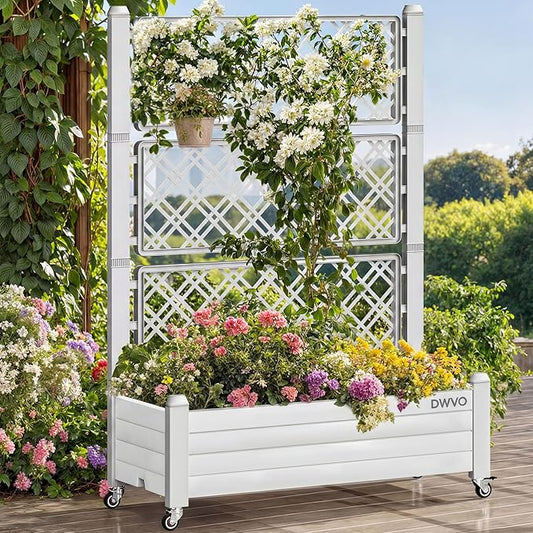 DWVO 3.6 x 1.5 x 5 FT Raised Garden Bed with Trellis, Large Outdoor Planter Trellis Box with Drainage Holes and Wheels for Climbing Plants, Grayish-White