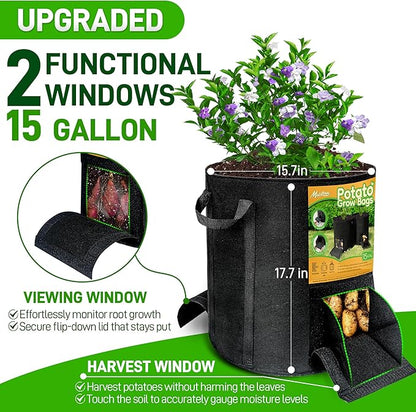 8 Pcs 15 Gallon Potato Grow Bags with Harvest & Visible Windows, Thickened Nonwoven Fabric Potato Planter,Potato Growing Containers with Sturdy Handles, Potato Bags for Growing Potatoes Vegetables