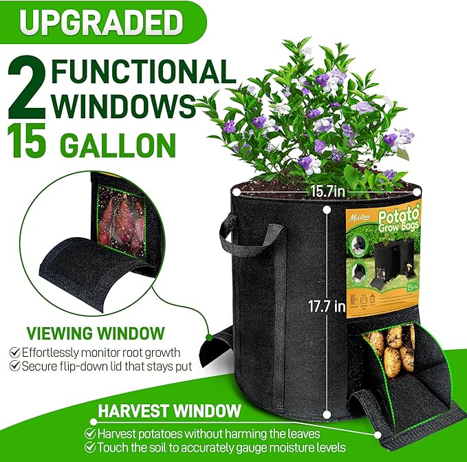 4 Pcs 15 Gallon Potato Grow Bags with Harvest & Visible Windows, Thickened Nonwoven Fabric Potato Planter,Potato Growing Containers with Sturdy Handles, Potato Bags for Growing Potatoes Vegetables