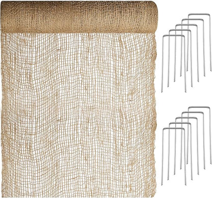 Tranqun Jute Erosion Control W Soil Saver Mesh Blanket Jute Netting with 100 Galvanized 4'' Landscape Staple Burlap Net Cloth for Erosion Control on Hill Slope Riverbank Oceanfront (60 ft L x 4 ft)