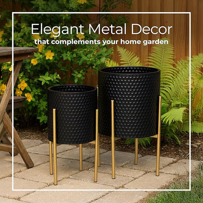 Decorative Flower Pots with Metal Stand for Home Decor - Modern Planters for Hallway, Entryway, and Living Room Decor - Indoor and Outdoor Pots for Plants - Set of 2, 23", 19", Black & Gold