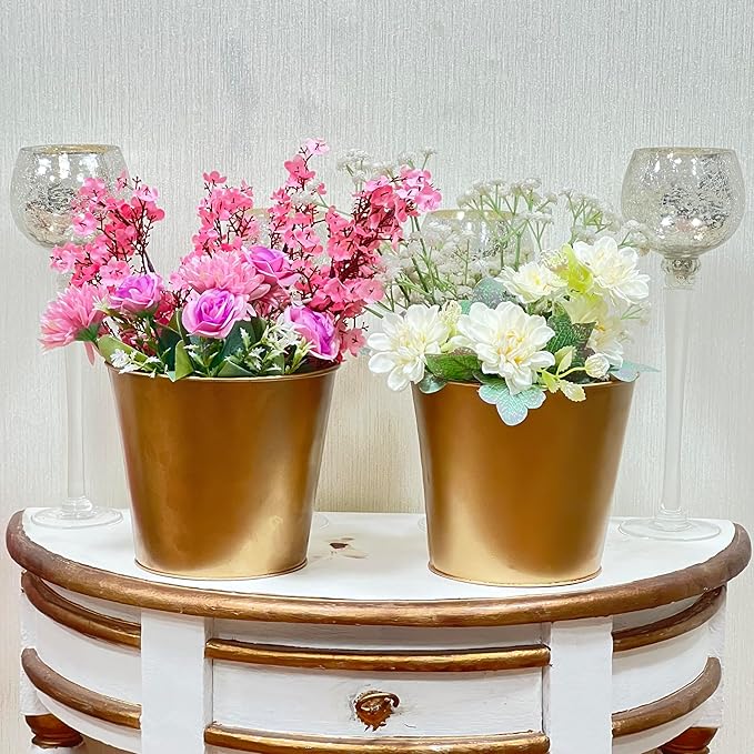 Hosley Set of 2 Gold Bucket/Pots with PVC Liner, 6.5" Dia x 6" H Ideal Gift for Floral Arrangements Wedding Home Office Party DIY Indoor Outdoor Garden Patio