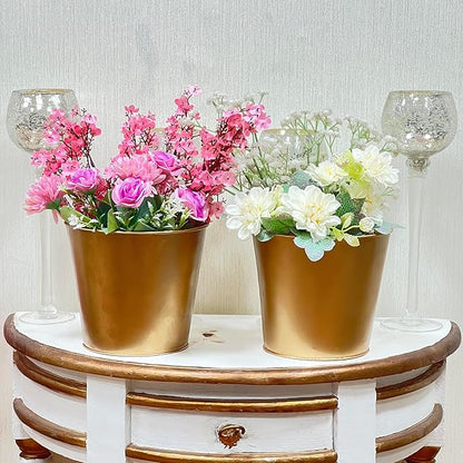 Hosley Set of 2 Gold Bucket/Pots with PVC Liner, 6.5" Dia x 6" H Ideal Gift for Floral Arrangements Wedding Home Office Party DIY Indoor Outdoor Garden Patio
