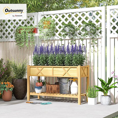 Outsunny Raised Garden Bed, Elevated Wood Planter Box with Storage Shelf, Drainage Holes, and Liner for Backyard, Patio, Balcony, 47 x 22 x 31.5 in, Natural