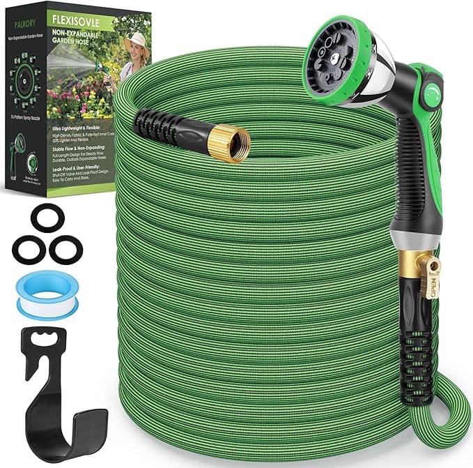 Non-Expandable Garden Hose 50 ft, Ultra Lightweight Flexible Water Hose with 10-Pattern Nozzle, Leak-Proof, High-Density Fabric, Thickened Connector, Shut-Off Valve for Yard, Lawn, Outdoor