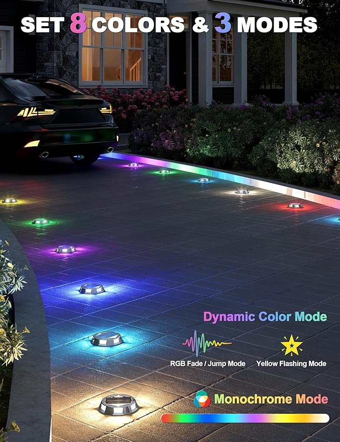 VOLISUN Solar Driveway Dock Deck Markers Marine Lights 4 Pack,9 Colors in 1 Led IP67 Waterproof Outdoor Warning Step Lights for Driveway Sidewalk Walkway Pathway RGB