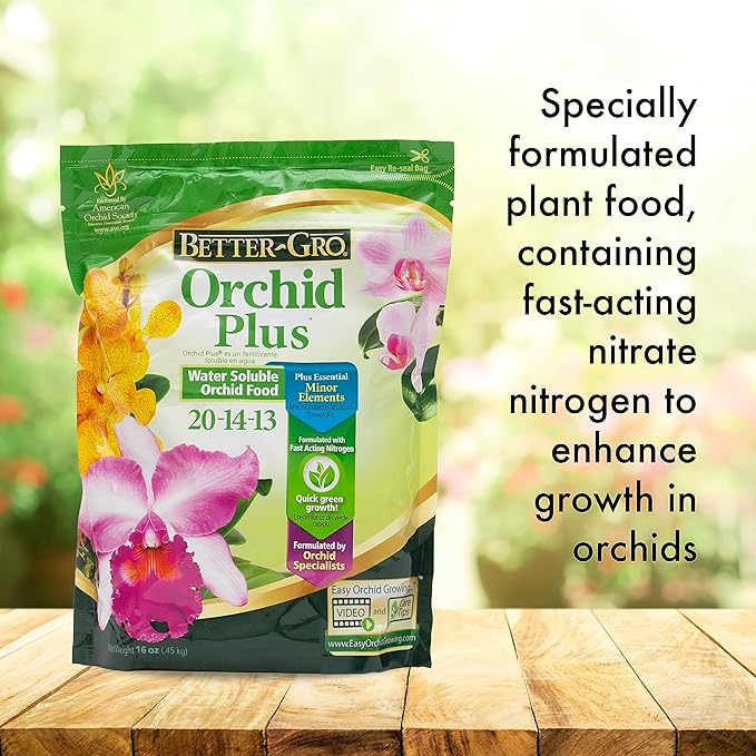Better-Gro Orchid Plus 20-14-13 - Urea-Free Orchid Fertilizer for Vigorous Growth, Water Soluble, Nitrate Nitrogen-Rich, Ideal for Indoor Potted Plants and Tropical Plants - 16 oz Resealable Bag