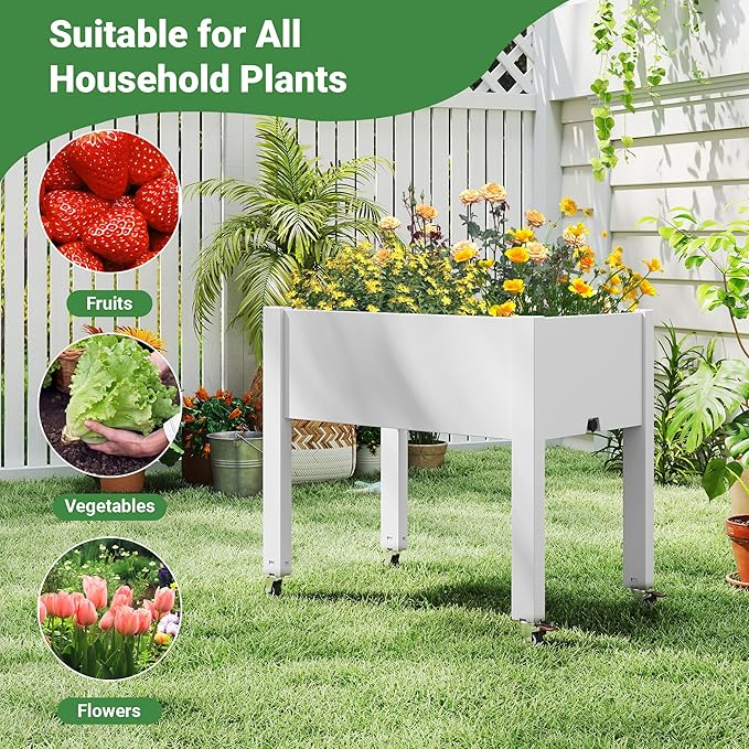Raised Garden Bed with Wheels - Outdoor Mobile Elevated Resin Planter Box with Drainage Holes for Vegetables Flower Herbs (1 Pack, White)
