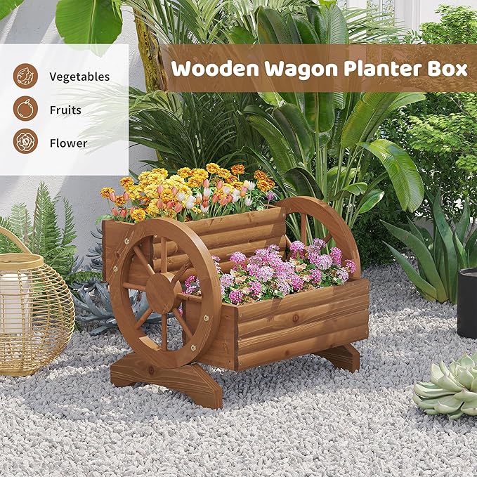 FILWH Wooden Wagon Planter Box for Indoor Outdoor Garden Planter Wood Planter Boxes Flower Planters Outdoor with Wheels Planter for Flowers Herbs Vegetables(Brown)