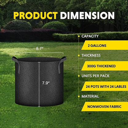 iPower 24-Pack 2 Gallon Grow Bags Heavy Duty Thickened Aeration Nonwoven Fabric Pots with Nylon Handles, for Planting Vegetables, Fruits, Flowers, Black
