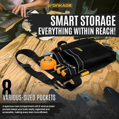 Magnetic 8-Pockets Single Side Tool Belt for Men & Women – Black Double-Layered Cordura Tool Bags/Pouches, Adjustable Quick-Release Buckle Tool Belt for Electrician, Carpenter, Plumber.