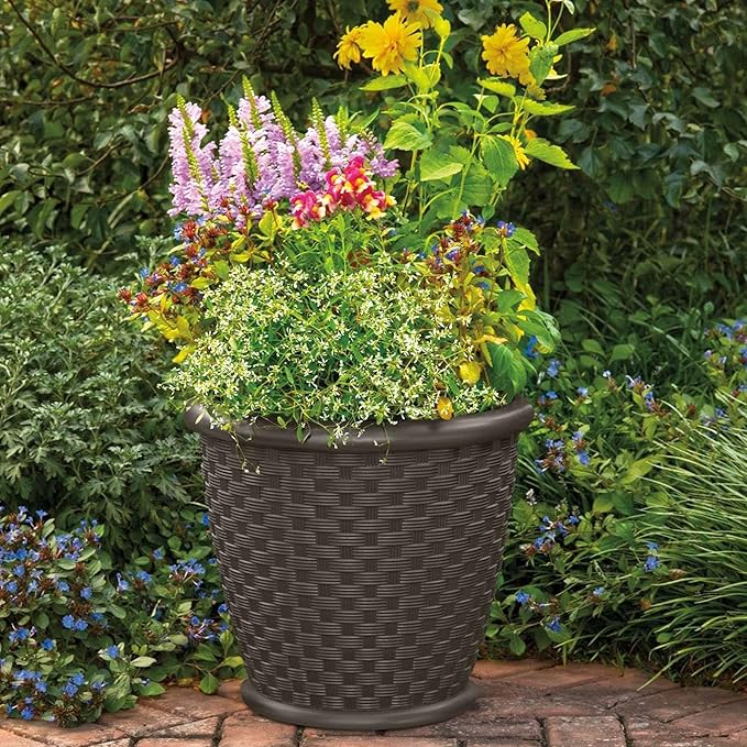 Suncast Sonora 4 Pack 22 Inch Plastic Wicker Indoor or Outdoor Decorative Garden Flower Planter for Entryways, Porch, and Backyard Patios, Dark Brown
