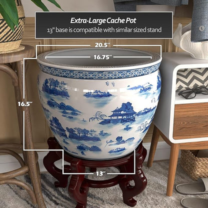Red Lantern 20" Porcelain Fishbowl Blue & White Landscape Planter