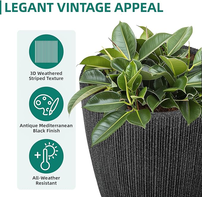 19" Concrete-Style Tall Round Planters for Indoor Outdoor Plants, Set of 2 Decorative Fluted Large Flower Pot, UV-Resistant Top-Tier Resin Planters for Garden Patio Porch Home Office Decor