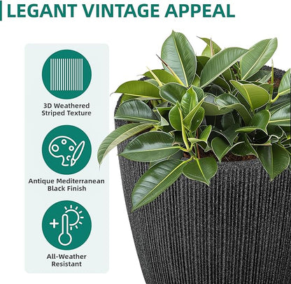 19" Concrete-Style Tall Round Planters for Indoor Outdoor Plants, Set of 2 Decorative Fluted Large Flower Pot, UV-Resistant Top-Tier Resin Planters for Garden Patio Porch Home Office Decor