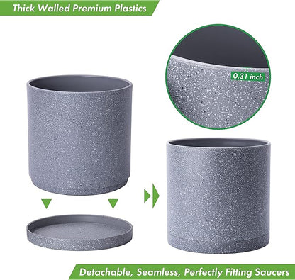 D'vine Dev 10 Inch Plastic Planter Pots for Plant Pot with Drainage Hole and Seamless Saucers, Speckled Gray Color, 74-X-G-2