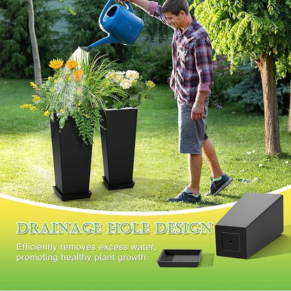 Set of 4 24" Tall Plastic Planters with Trays, Large Tapered Plant Pots for Indoor Outdoor Use, Modern Decorative Planters for Porch, Patio, Garden, and Backyard