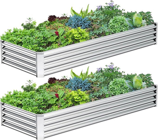 2PCS 8x2x1FT Galvanized Raised Garden Bed Kit, Galvanized Planter Raised Garden Boxes Outdoor, Large Metal Raised Garden Beds for Vegetables-Silver