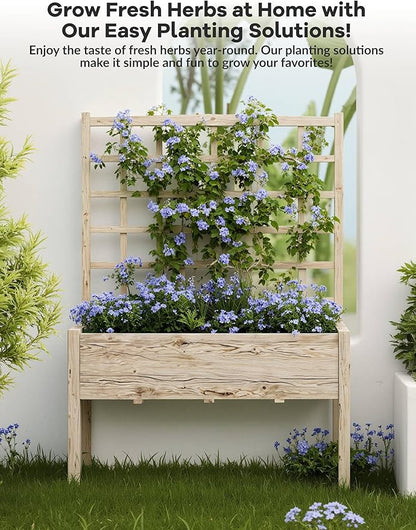 GarveeLife Raised Garden Bed with Trellis, Wood Elevated Planter Box Stand with Leg and Black Planter Liner, Standing Raised Planter Box for Climbing Flower Vegetable Herb