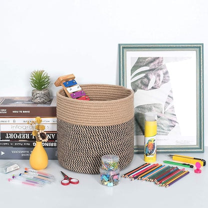 MINTWOOD Design 11 x 11 Inches Cotton Rope Basket for Flower Pot and Indoor Floor Planters, Decorative Round Woven Plant Pot Basket, Planter Covers, Small Dog Toy Storage Baskets, Black