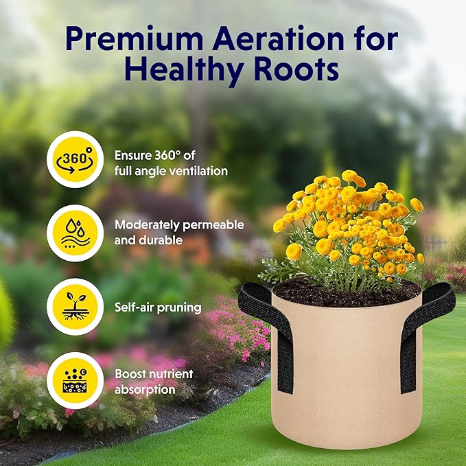 iPower 5 Pack 1 Gallon Tan Grow Bags, Garden Planting Nonwoven Fabric Pots with Reinforced Handle, Heavy Duty and Aeration Planter Pot for Tomato, Fruits, Vegetables and Flowers