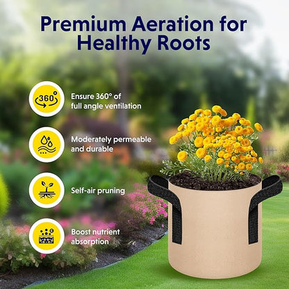 iPower 10-Pack 1 Gallon Plant Grow Bags Thickened Nonwoven Aeration Fabric Container Heavy Duty Durable Pots, Strap Handles for Garden, Tan
