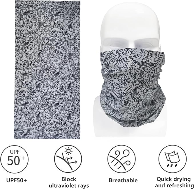 Bilymate Grey Paisley Cooling Neck Gaiter - UPF 50+ Sun Protection, Breathable Mesh, Seamless Tube Bandana Headwear for Men & Women - Multi-Functional Headband