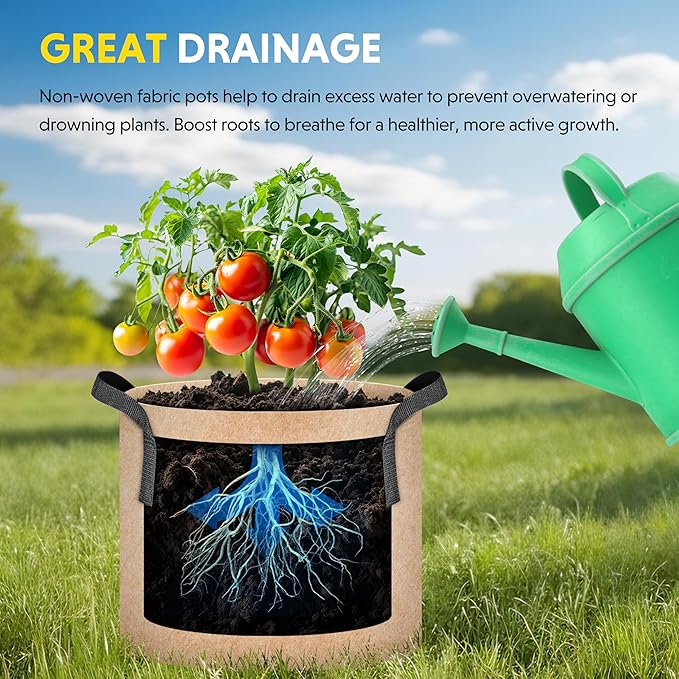 iPower 15 Gallon 10 Pack Grow Bags Nonwoven Fabric Pots Aeration Container with Strap Handles for Garden and Planting, 10-Pack Tan, 15 Gallon
